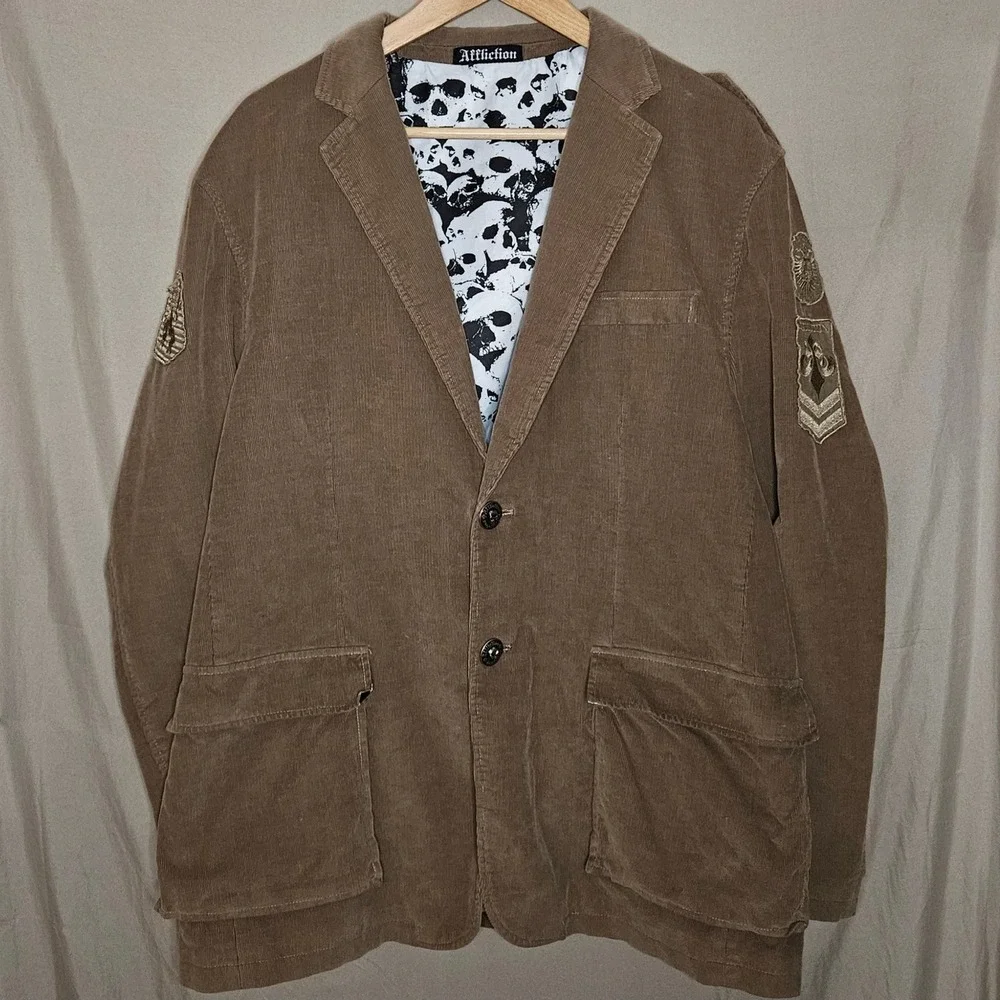 Affliction Mens Corduroy Blazer Jacket Skull Patches Lined - Picture 2 of 6